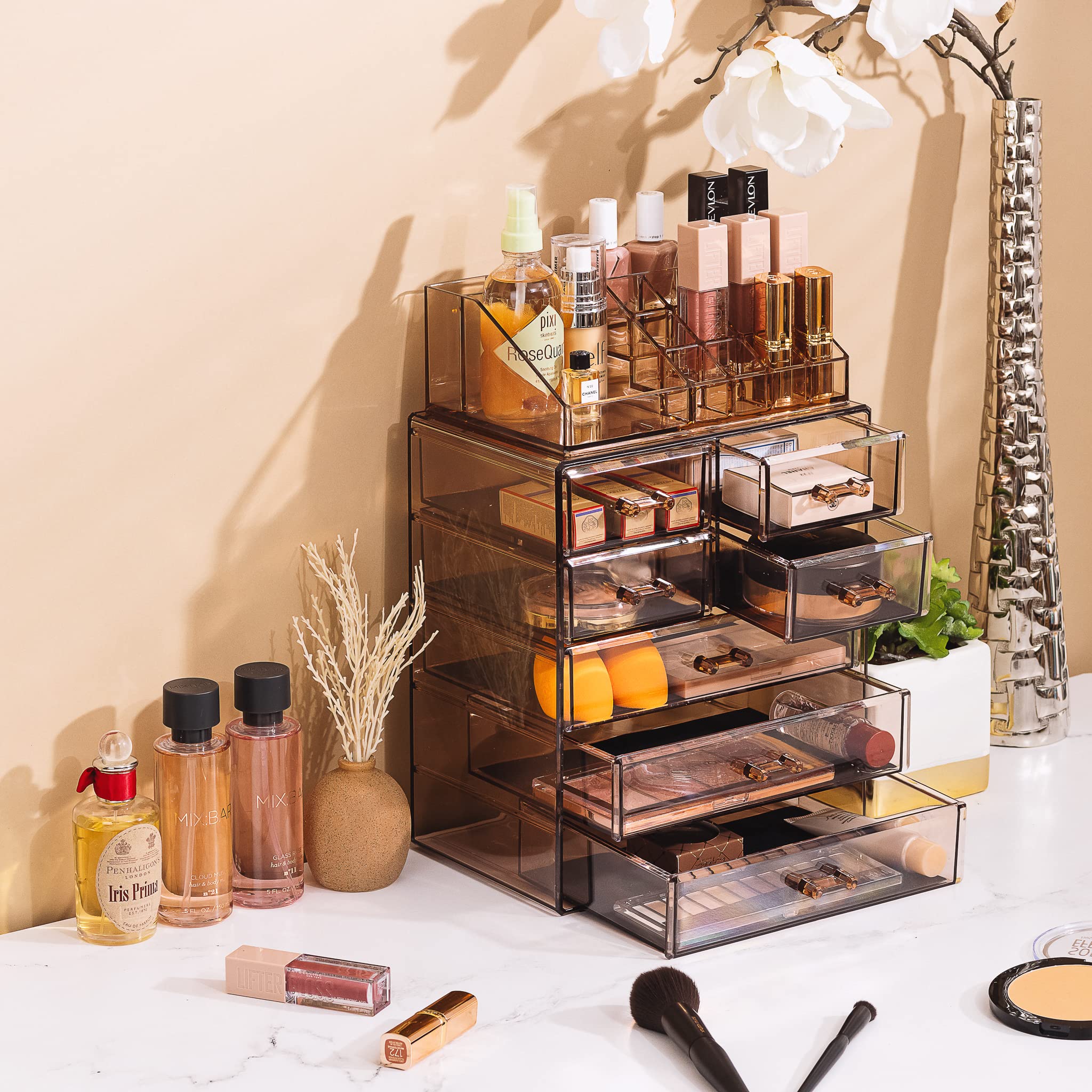 Sorbus small-drawer compartments organize lipsticks, liners, and tiny accessories for clutter-free counters.