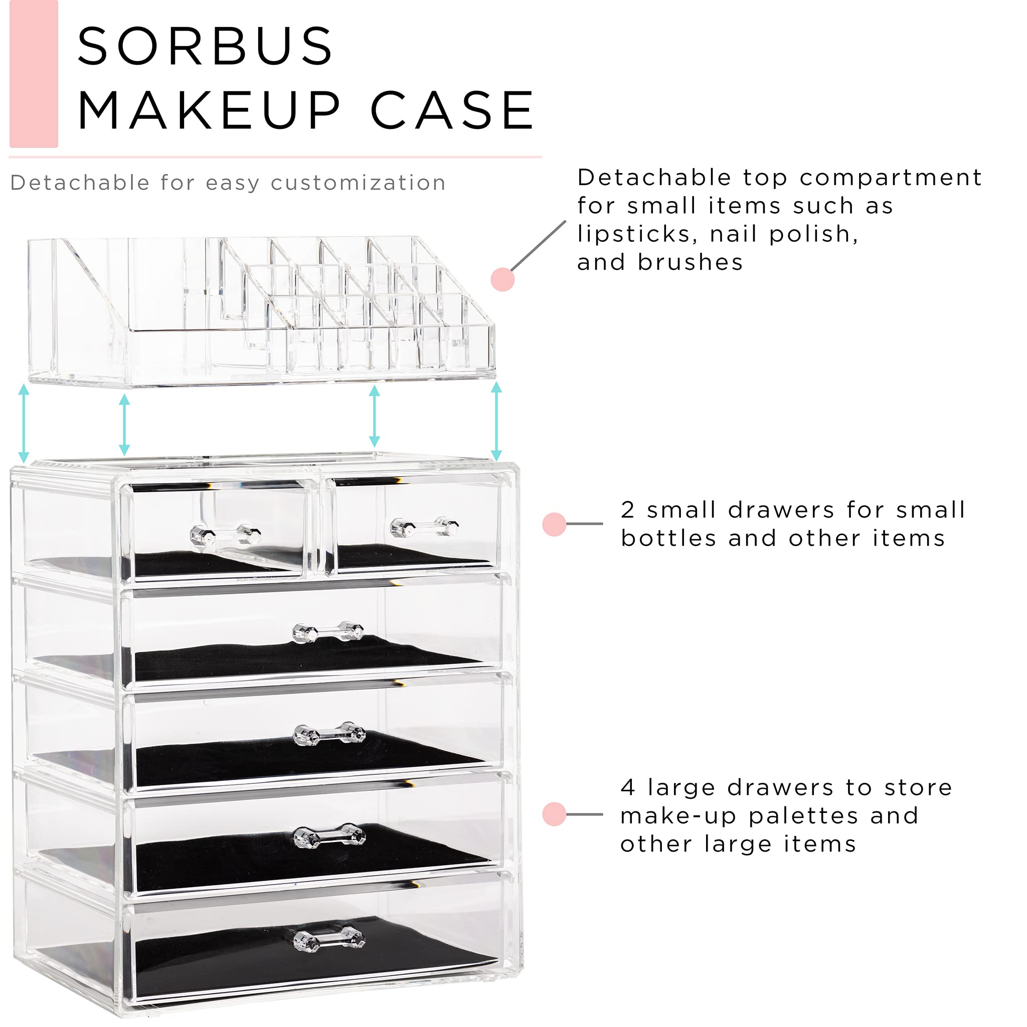 Sorbus top-compartment keeps brushes and jewelry neatly within reach.