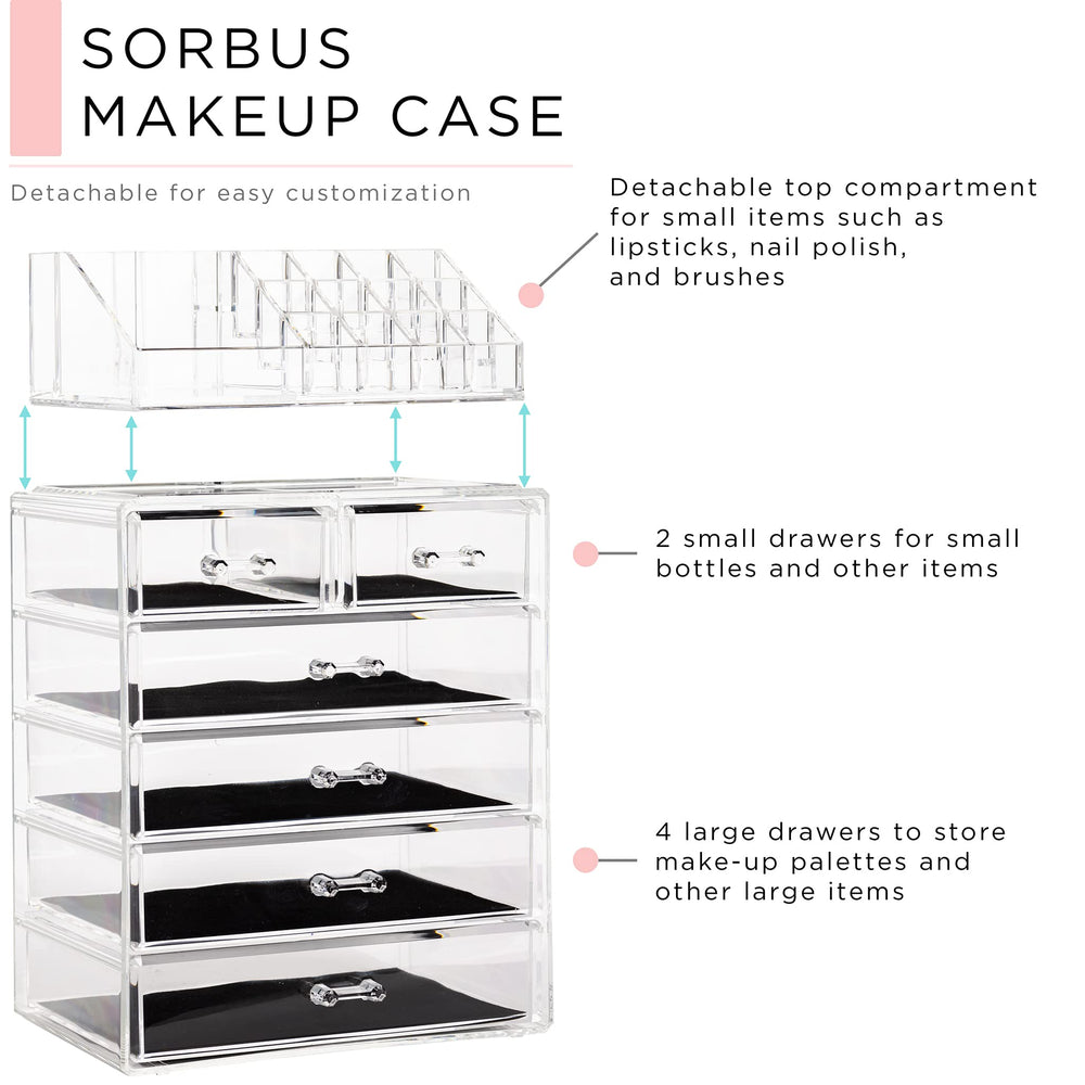Sorbus top-compartment keeps brushes and jewelry neatly within reach.
