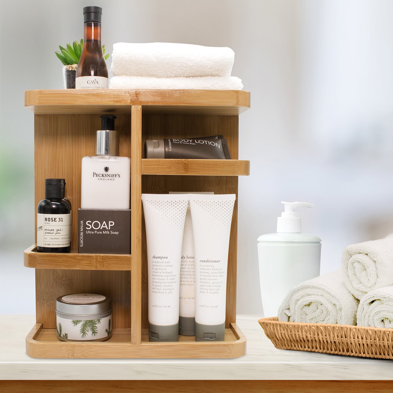 Sorbus vanity organizer promotes a clutter-free countertop and faster routines.