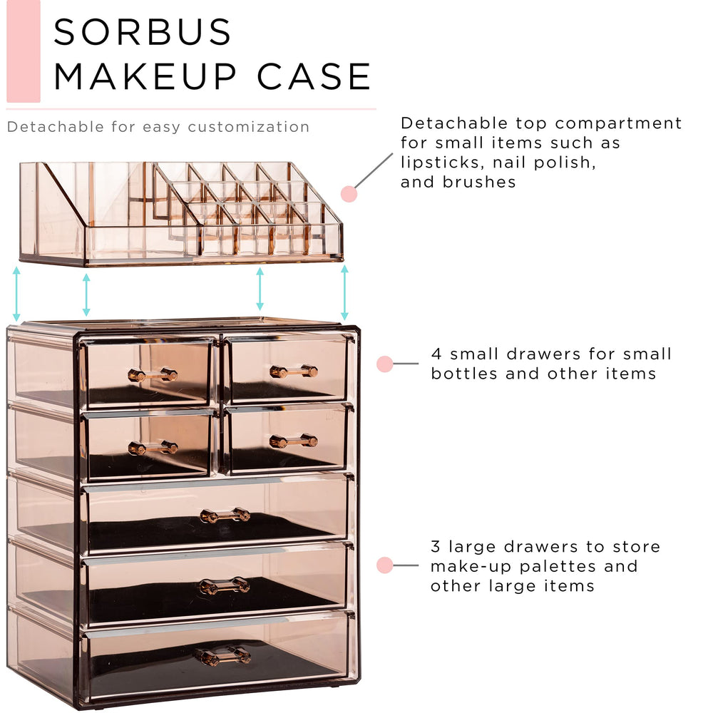 Sorbus wide-drawer storage provides space for makeup palettes and tools in a neat layout.