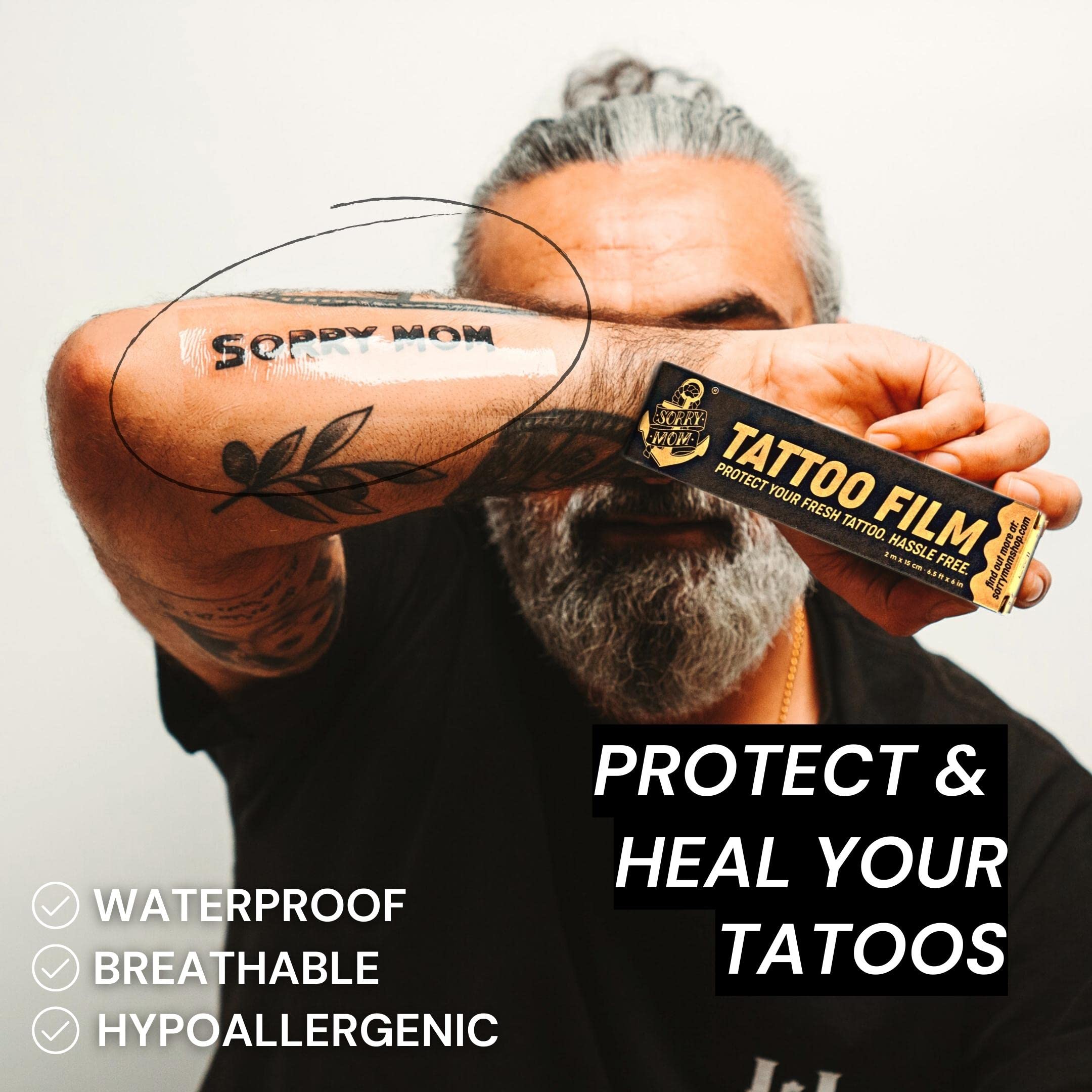 Sorry Mom tattoo bandage elastic-cut design enables easy application on curves