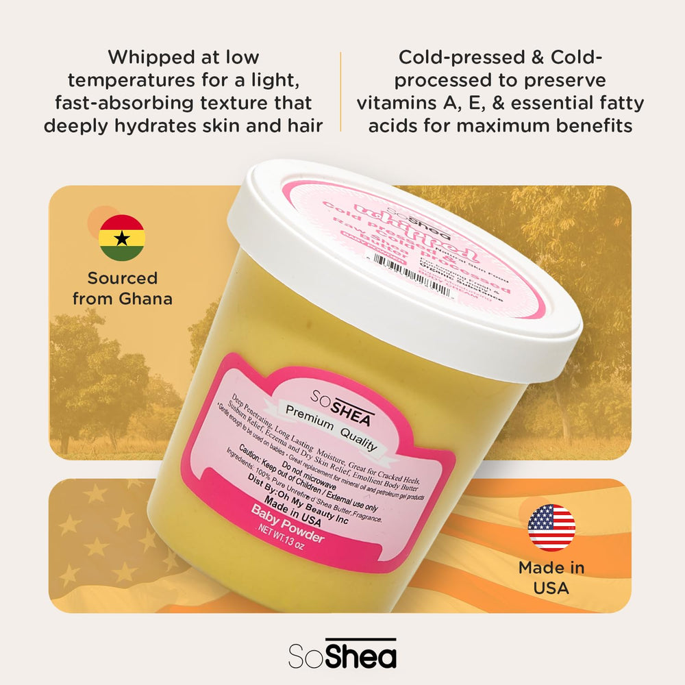 SoShea butter applied to skin soothes dry areas without heaviness and stickiness.