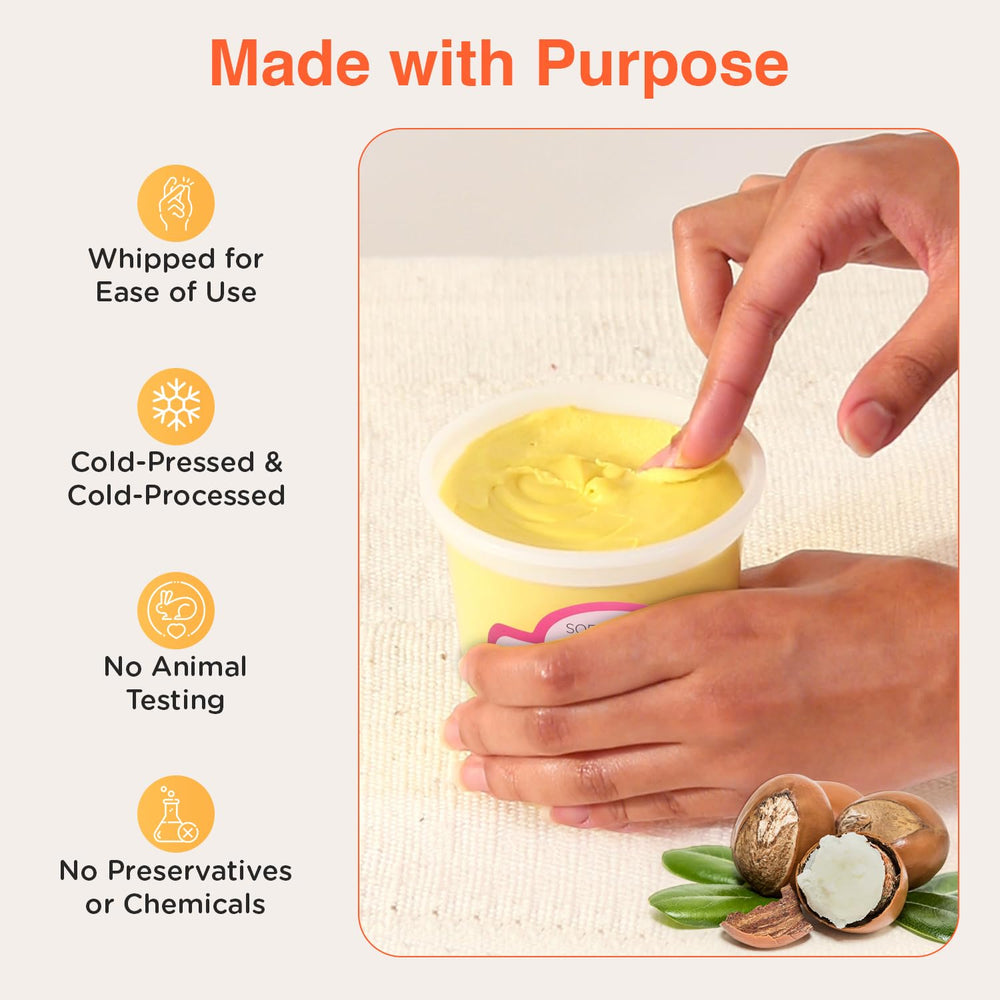 SoShea whipped texture with scoop highlights quick absorption and non-greasy moisturization.