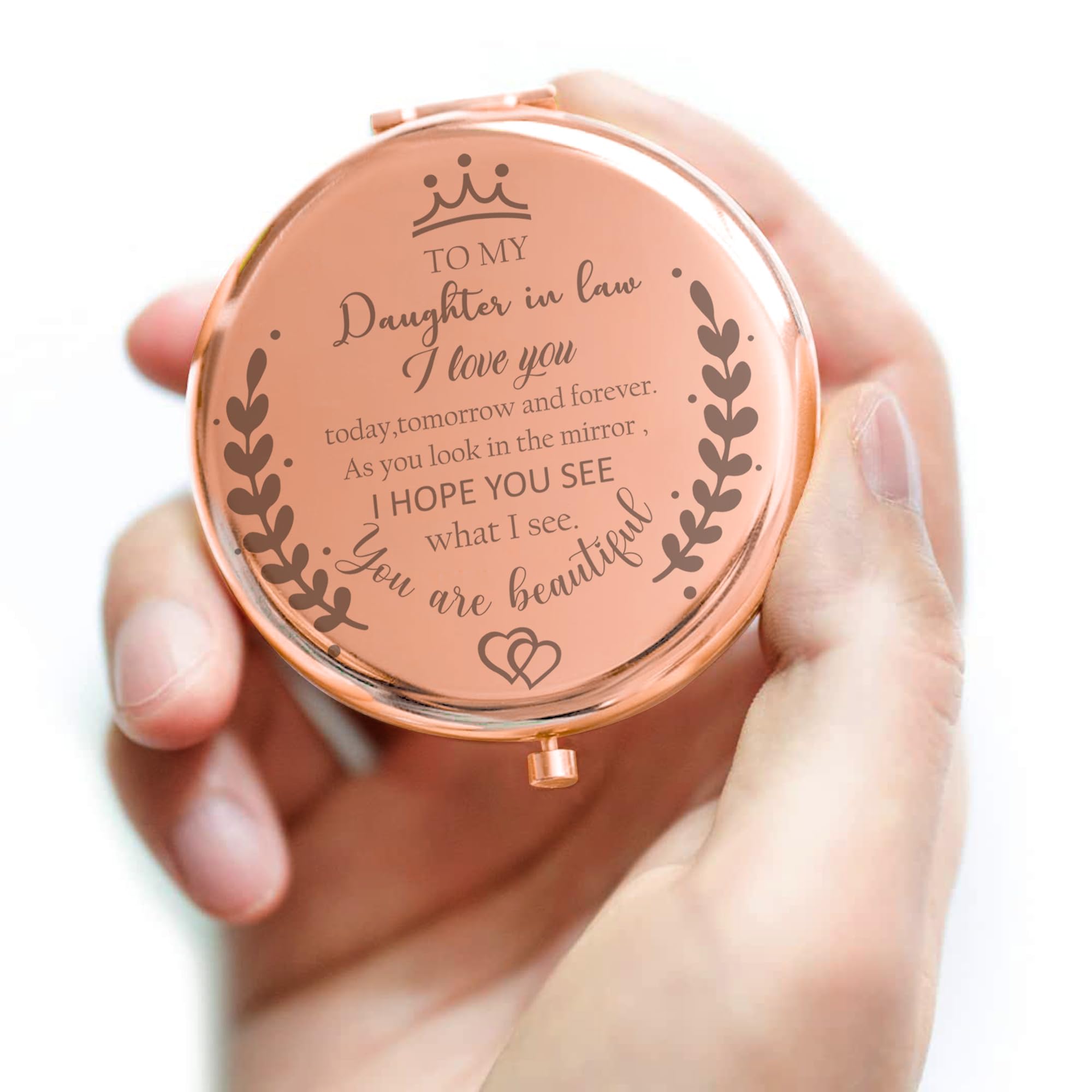 Soulpetals engraved daughter-in-law mirror conveys affection, keepsake kept in purse.