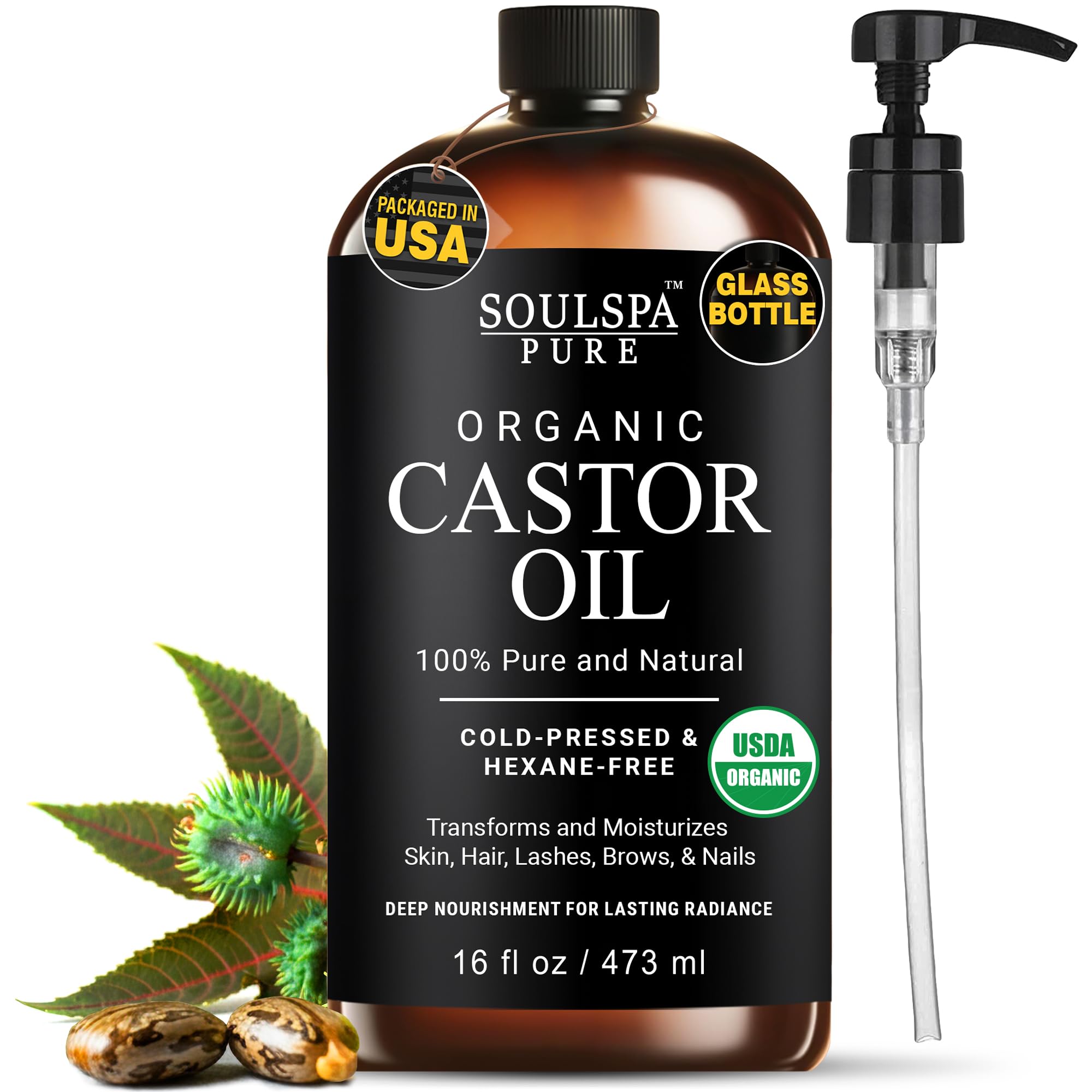 SoulSpa Pure castor oil bottle amber glass for daily hair and skin nourishment.