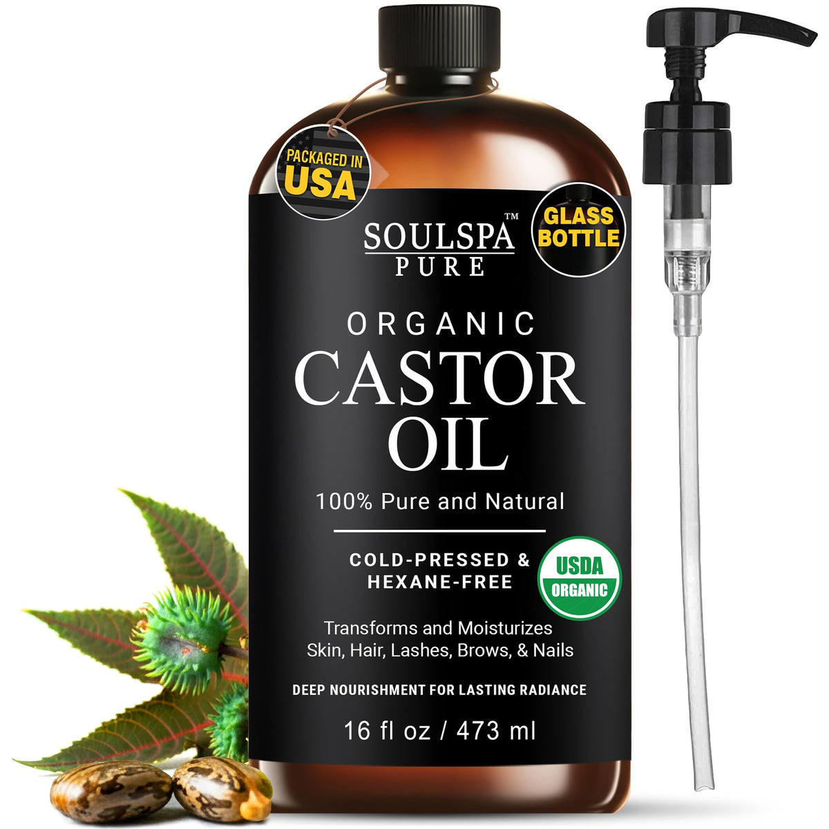 SoulSpa Pure castor oil bottle amber glass for daily hair and skin nourishment.