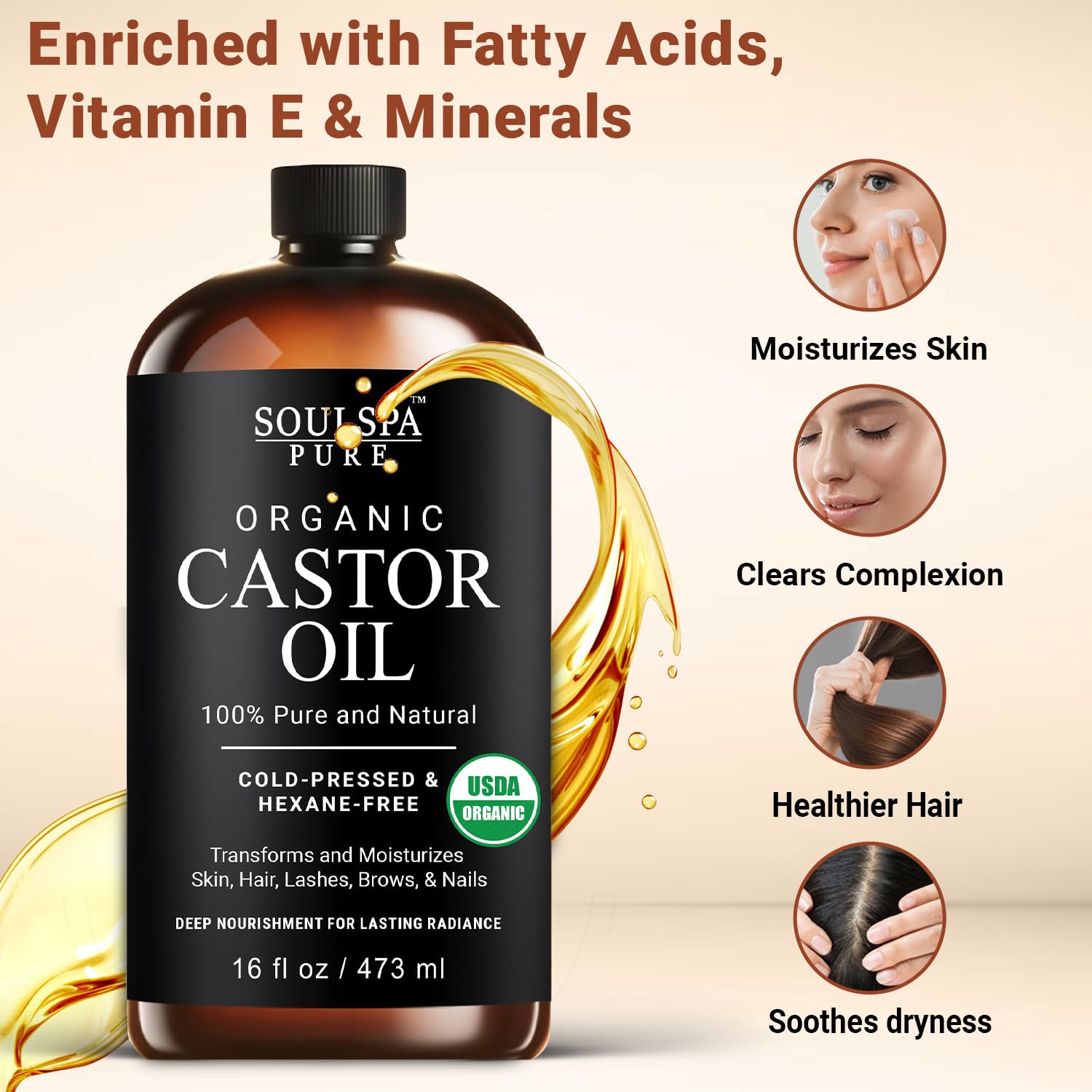 SoulSpa Pure castor oil on hair and scalp for gentle nourishment.