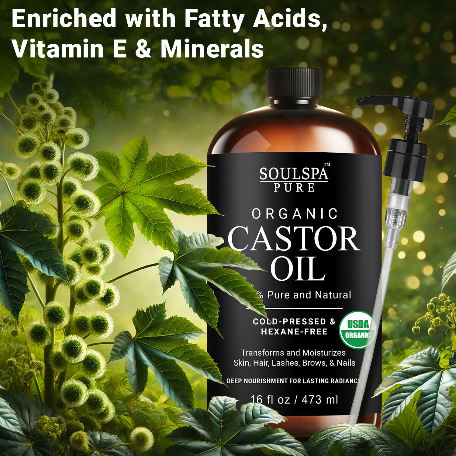 SoulSpa Pure castor oil pump for easy, mess-free application.