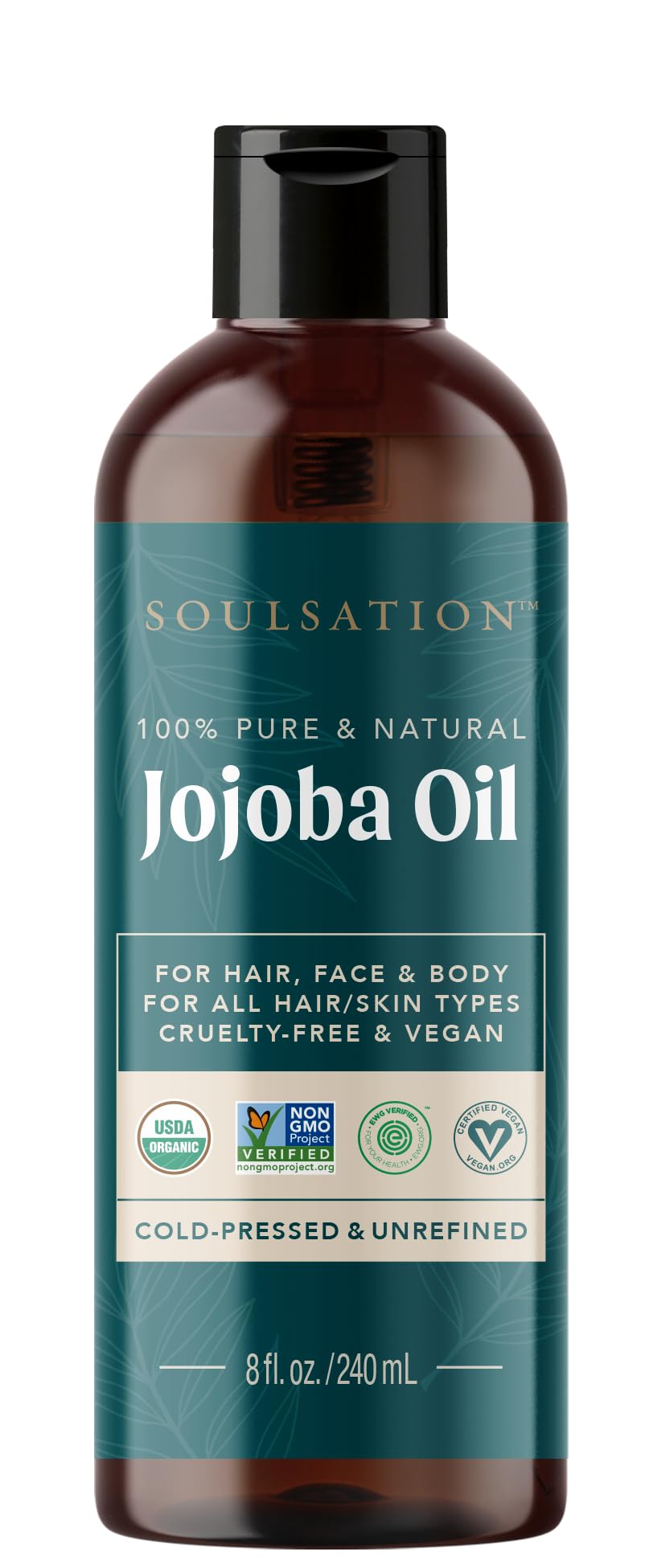 SOULSATION Jojoba Oil bottle with pour shows smooth texture for skin and hair care