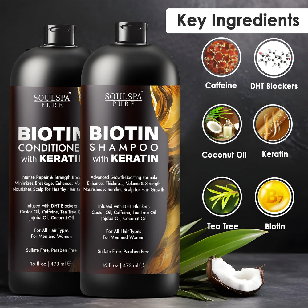 SOULSPA PURE Biotin Keratin Conditioner bottle pump demonstrates detangling and easy styling