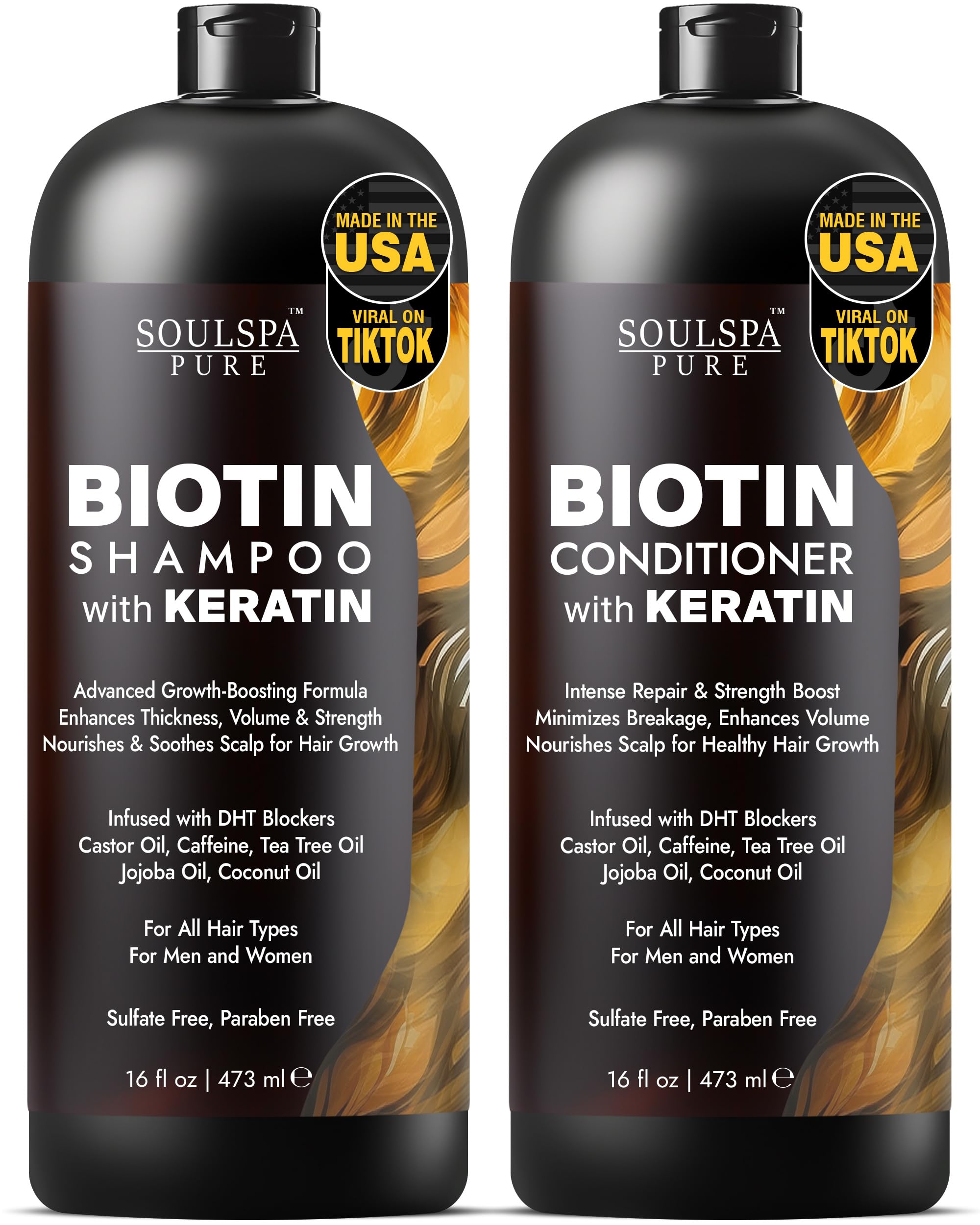 SOULSPA PURE Biotin Keratin Shampoo bottle pour shows premium cleansing for healthier-feeling hair