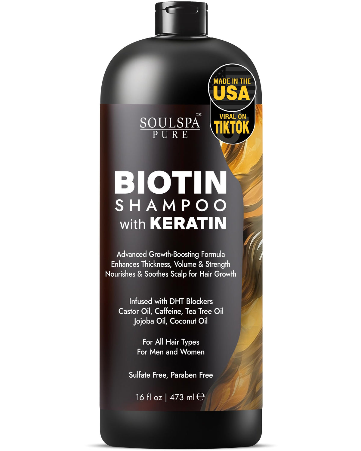 SOULSPA PURE Biotin Shampoo bottle promoting fuller-looking hair