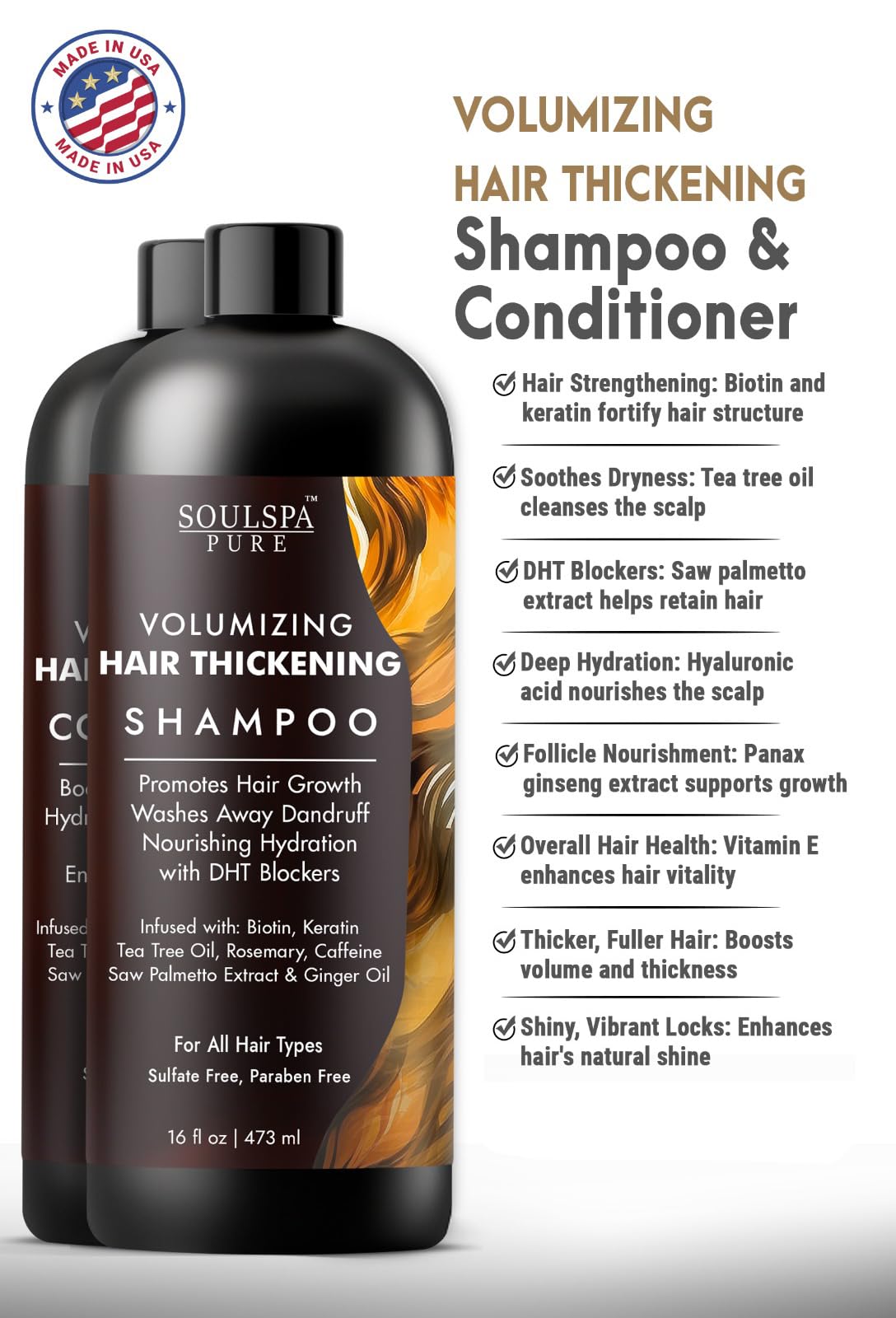 SOULSPA PURE hair thickening conditioner bottle suggests lasting fullness and easy styling.