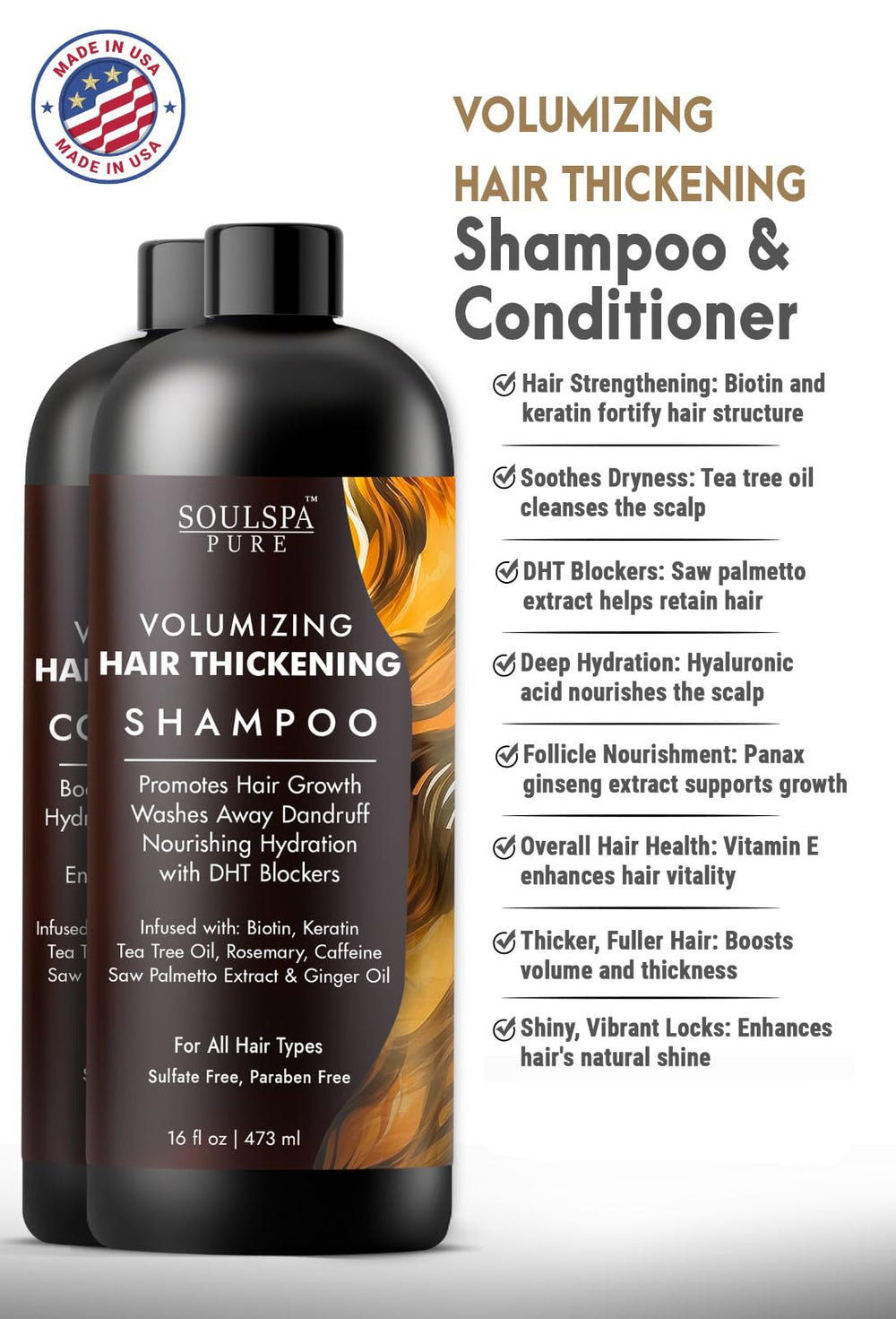 SOULSPA PURE hair thickening conditioner bottle suggests lasting fullness and easy styling.