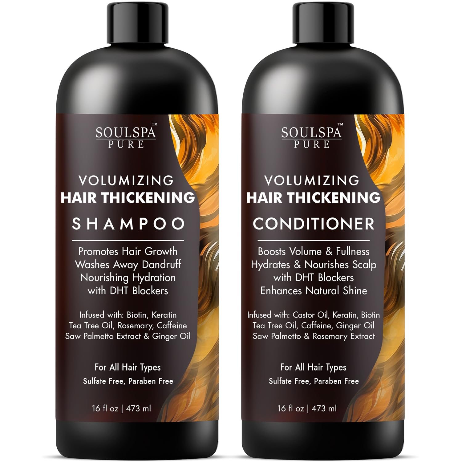 SOULSPA PURE hair thickening shampoo bottle shows a volumized look for fuller hair.