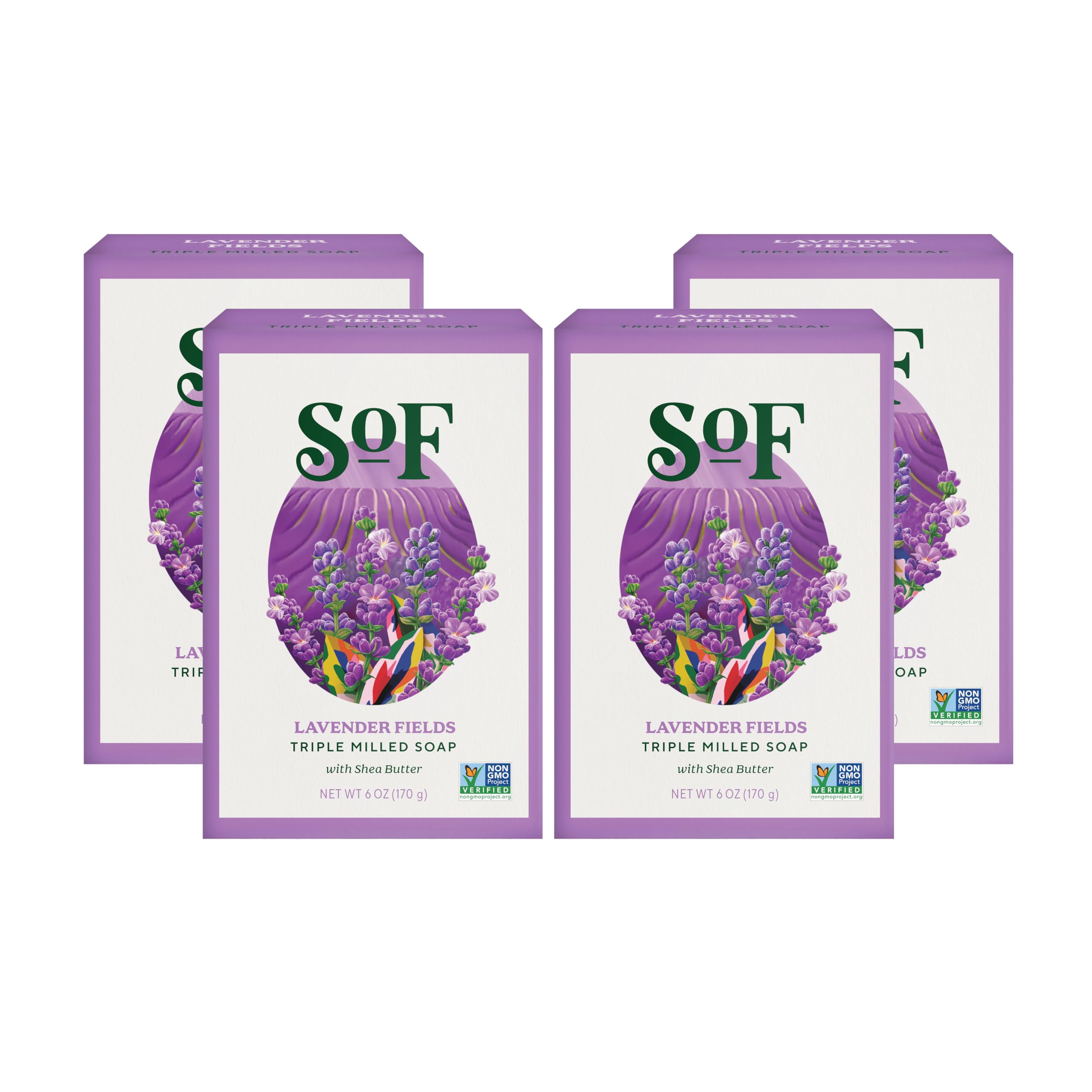 South Of France SoF Lavender Fields bar soap packaging highlighting triple milled formula for lasting cleansing.