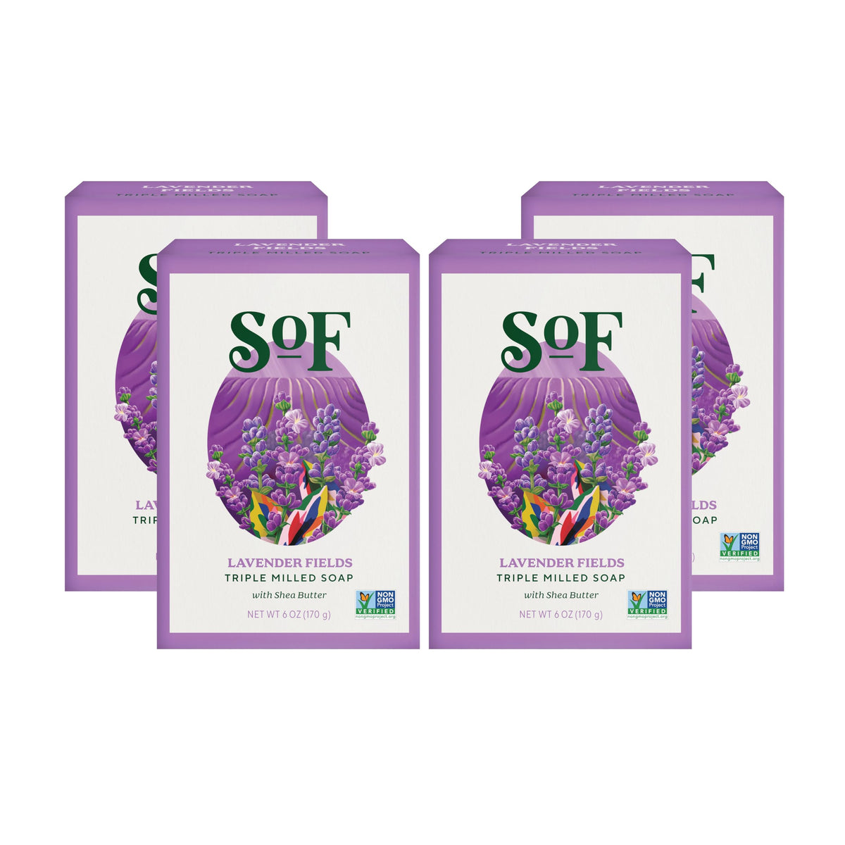 South Of France SoF Lavender Fields bar soap packaging highlighting triple milled formula for lasting cleansing.