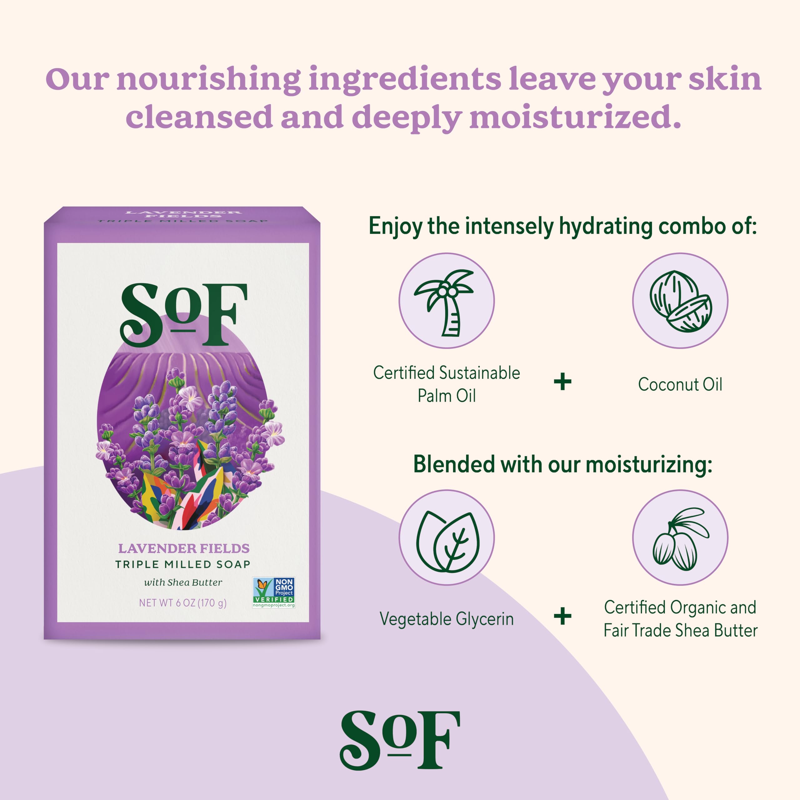 South Of France SoF vegan and non-GMO verified bar soap label.