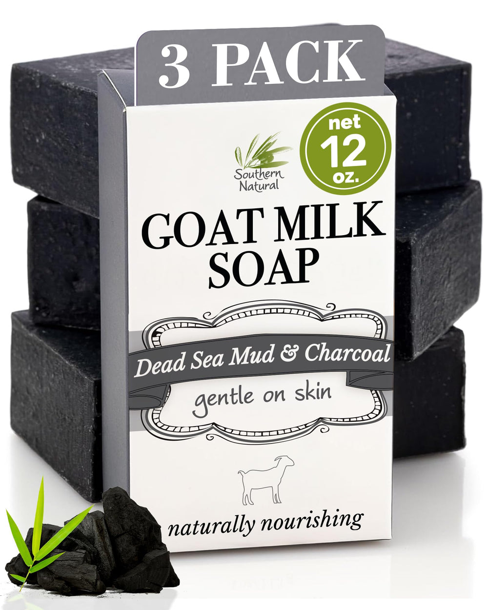 Southern Natural charcoal soap bar 3-pack packaging showing gentle cleanse for sensitive skin.