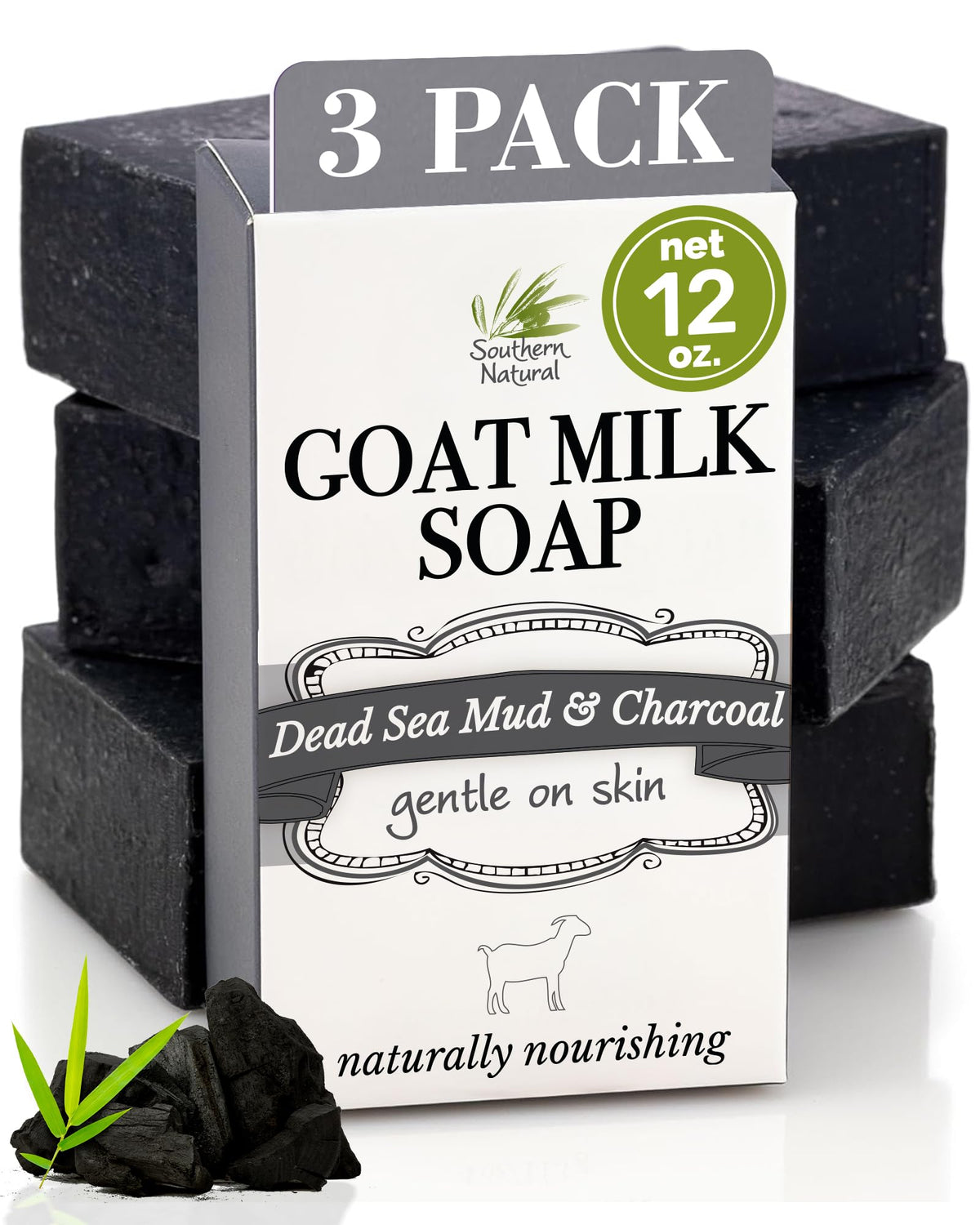 Southern Natural charcoal soap bar 3-pack packaging showing gentle cleanse for sensitive skin.