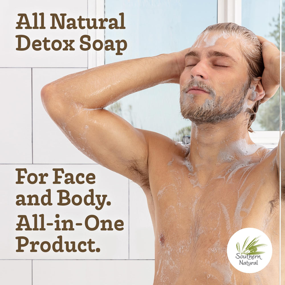 Southern Natural face and body use shot demonstrates versatile soap for both routines.