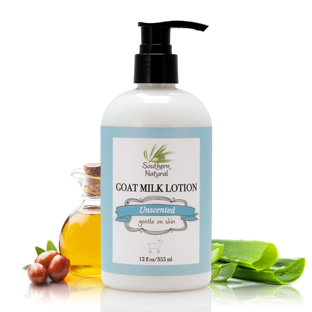 Southern Natural Goat Milk Lotion bottle—unscented 12oz for gentle, long-lasting hydration.