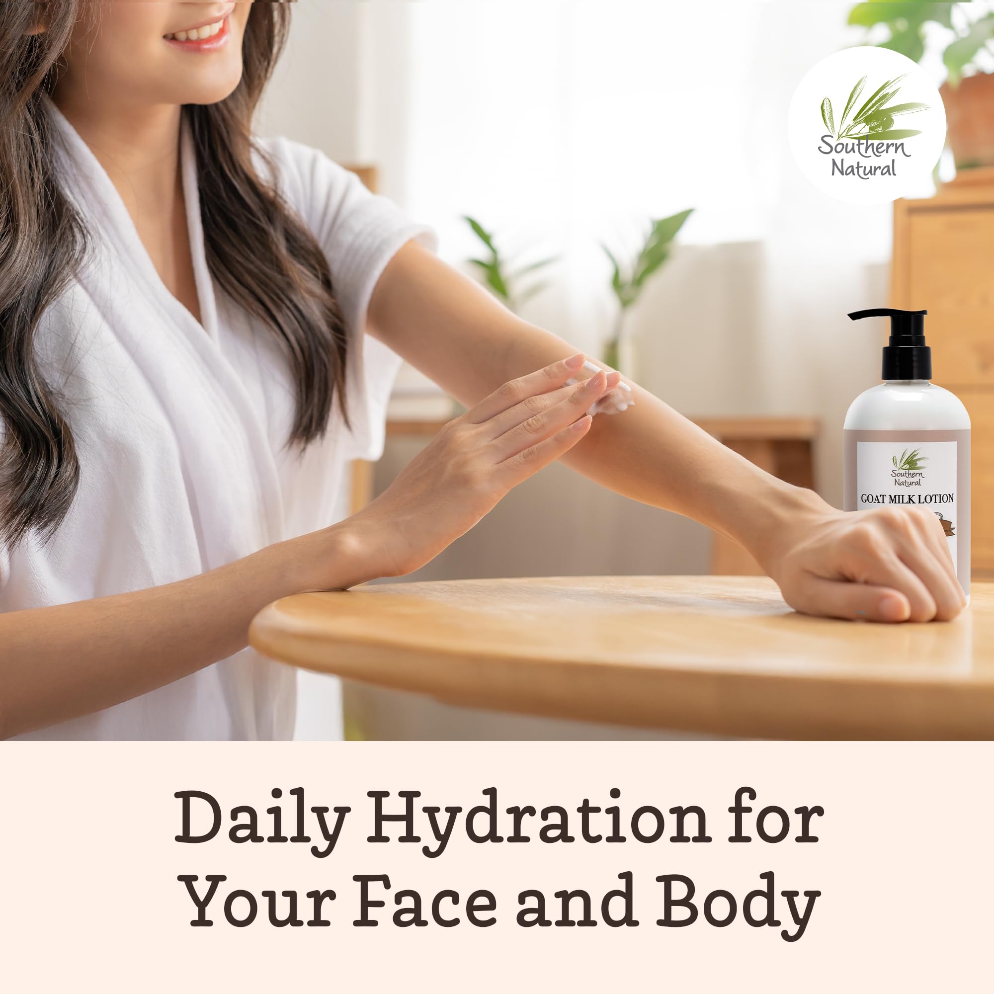 Southern Natural Goat Milk Lotion family-use scene shows versatile skincare for all ages