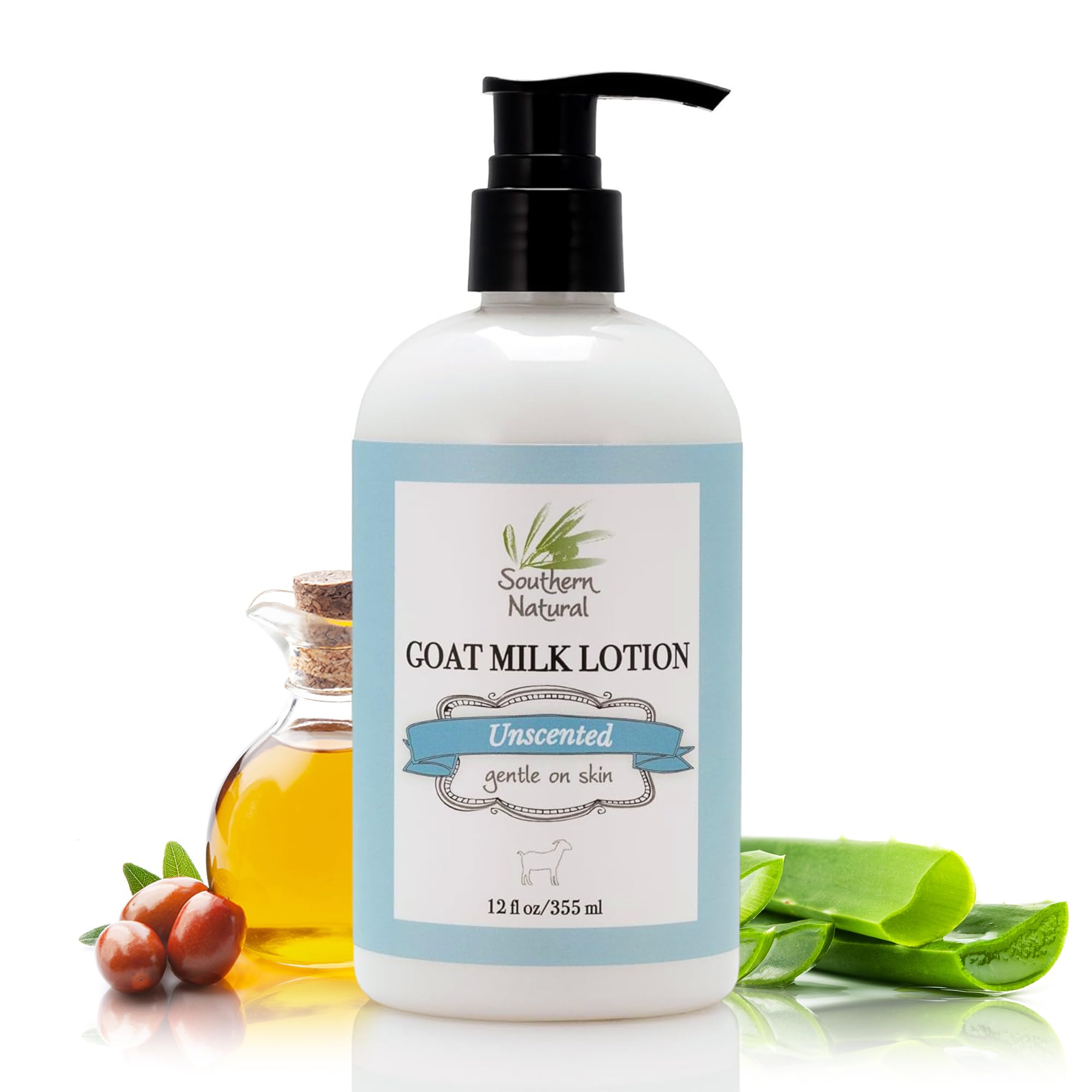Southern Natural Goat Milk Lotion jar closeup shows rich hydration for dry skin.