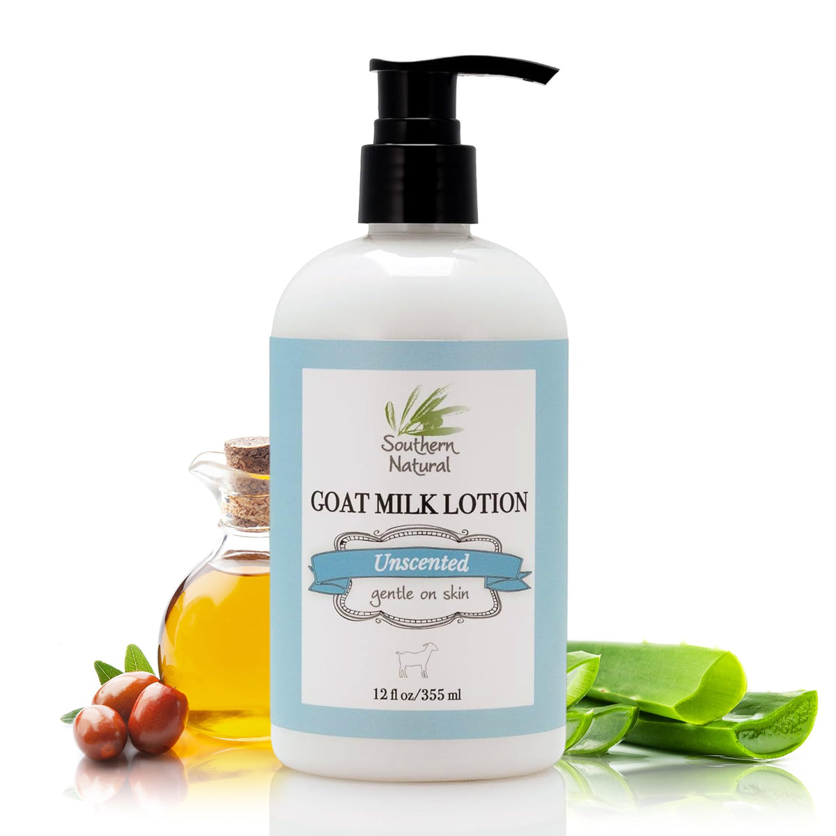 Southern Natural Goat Milk Lotion jar closeup shows rich hydration for dry skin.