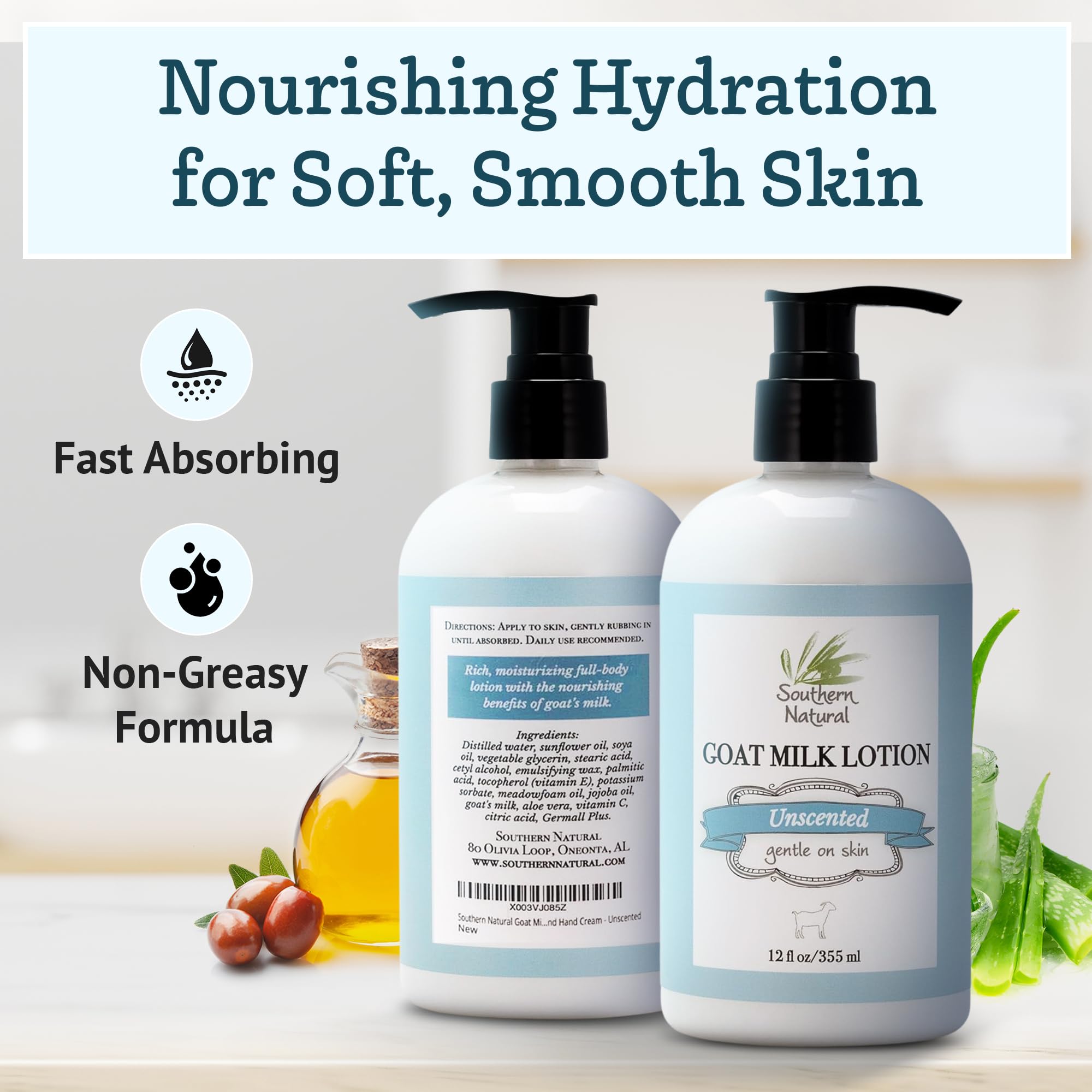 Southern Natural Goat Milk Lotion texture swirl highlights light, non-greasy finish.