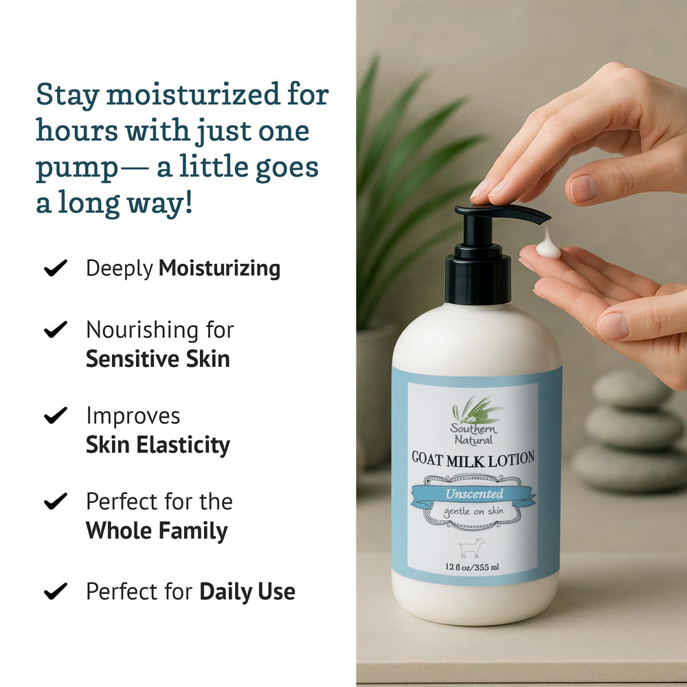 Southern Natural Goat Milk Lotion unscented label signals gentle care for sensitive skin.