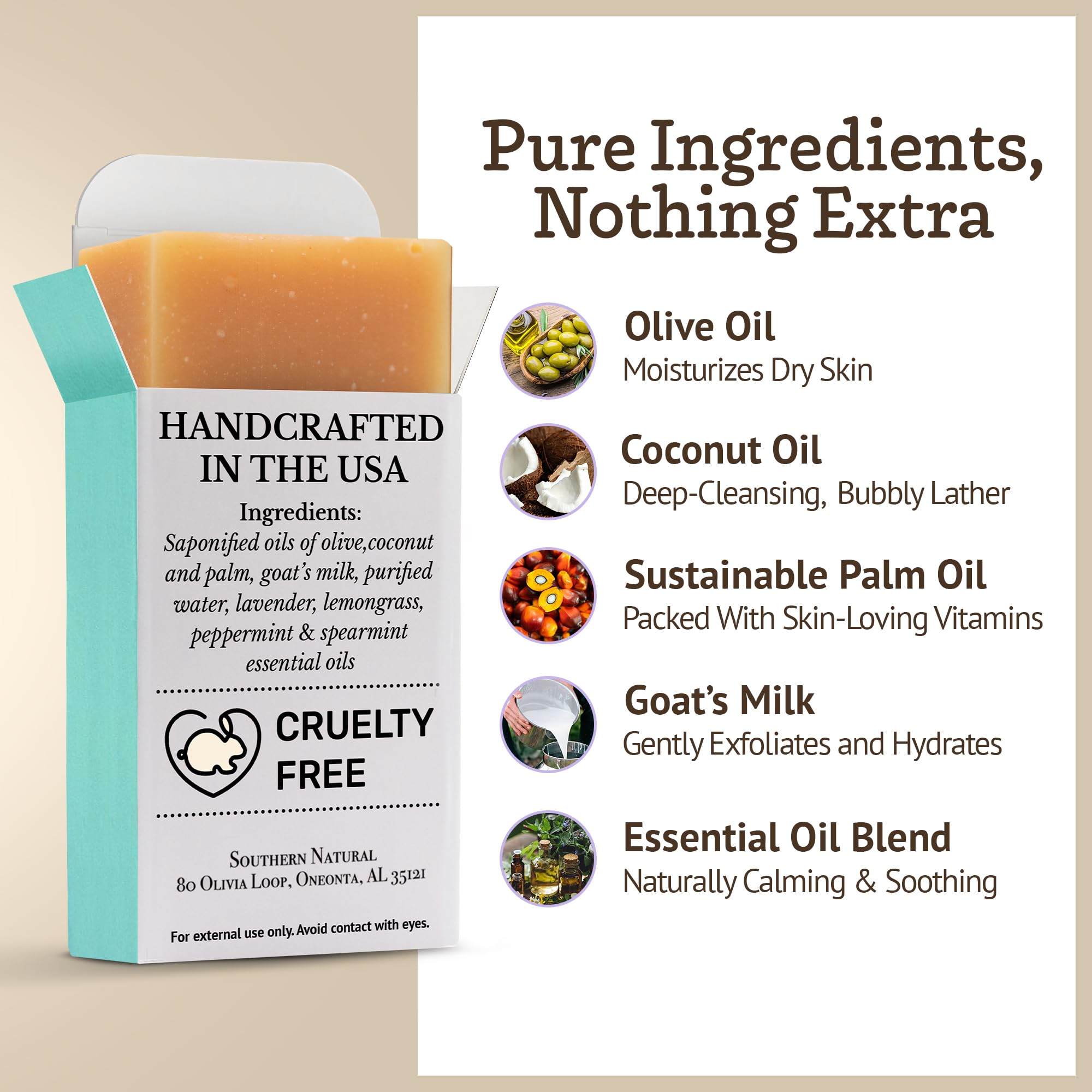 Southern Natural Goat Milk Soap Bar ingredients highlight olive oil and essential oils.