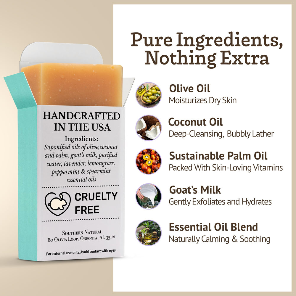 Southern Natural Goat Milk Soap Bar ingredients highlight olive oil and essential oils.