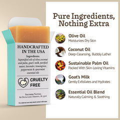 Southern Natural Goat Milk Soap Bar ingredients highlight olive oil and essential oils.