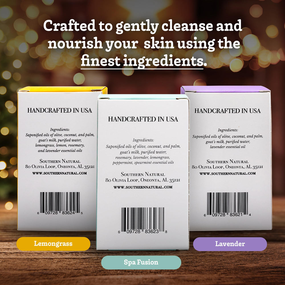 Southern Natural Goat Milk Soap Bars on shelf arranged for daily dry-skin routine
