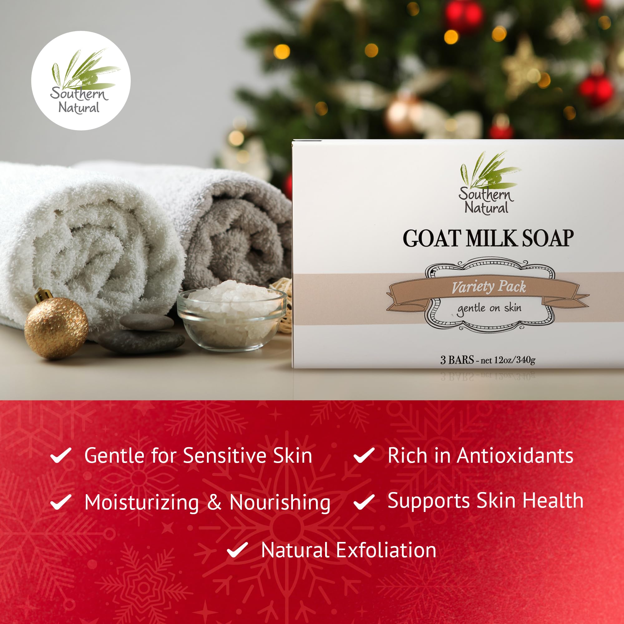 Southern Natural Goat Milk Soap Ingredients display natural oils and goat milk for gentle cleansing