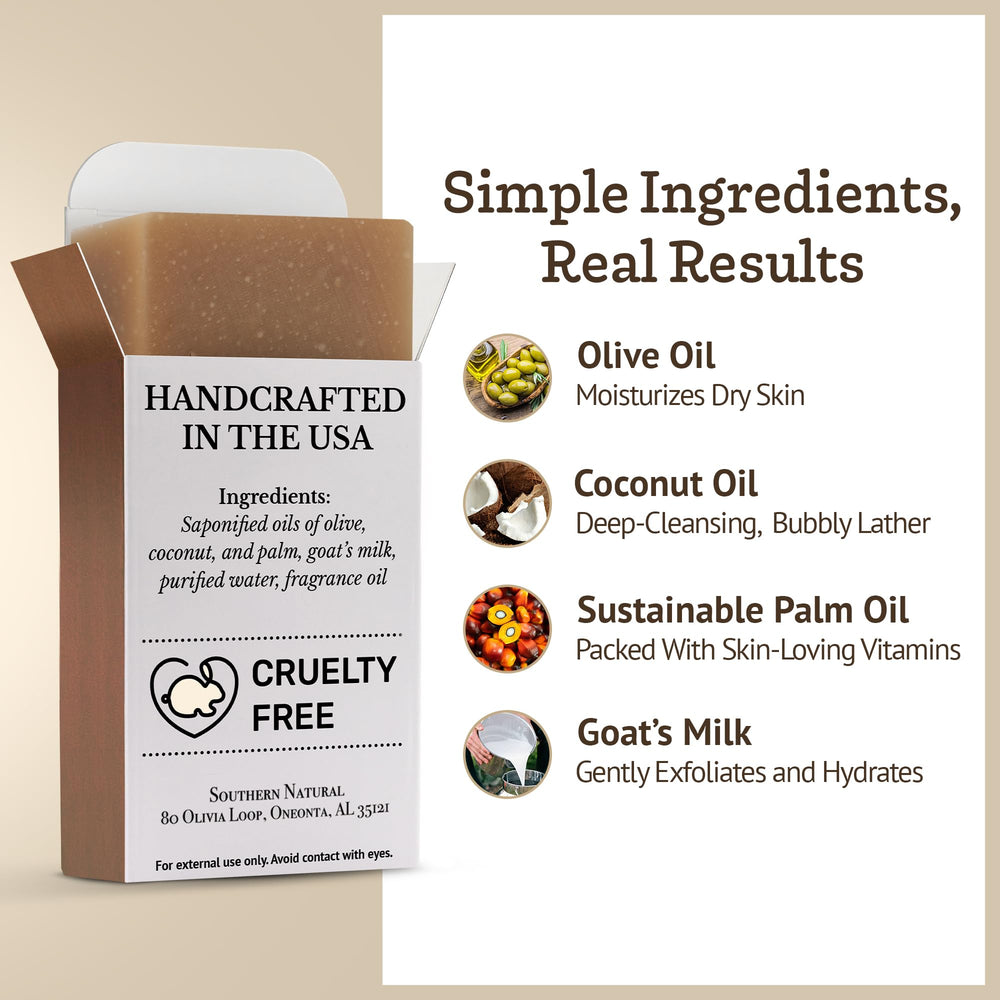 Southern Natural Goat Milk Soap 3 Pack Box shows an affordable, all-in-one skin care solution.