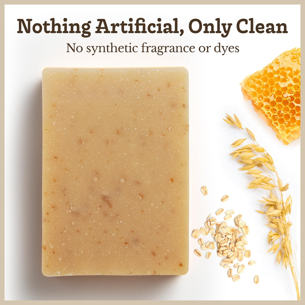 Natural-fiber background with Southern Natural Oatmeal Soap Bar emphasizing ingredients.
