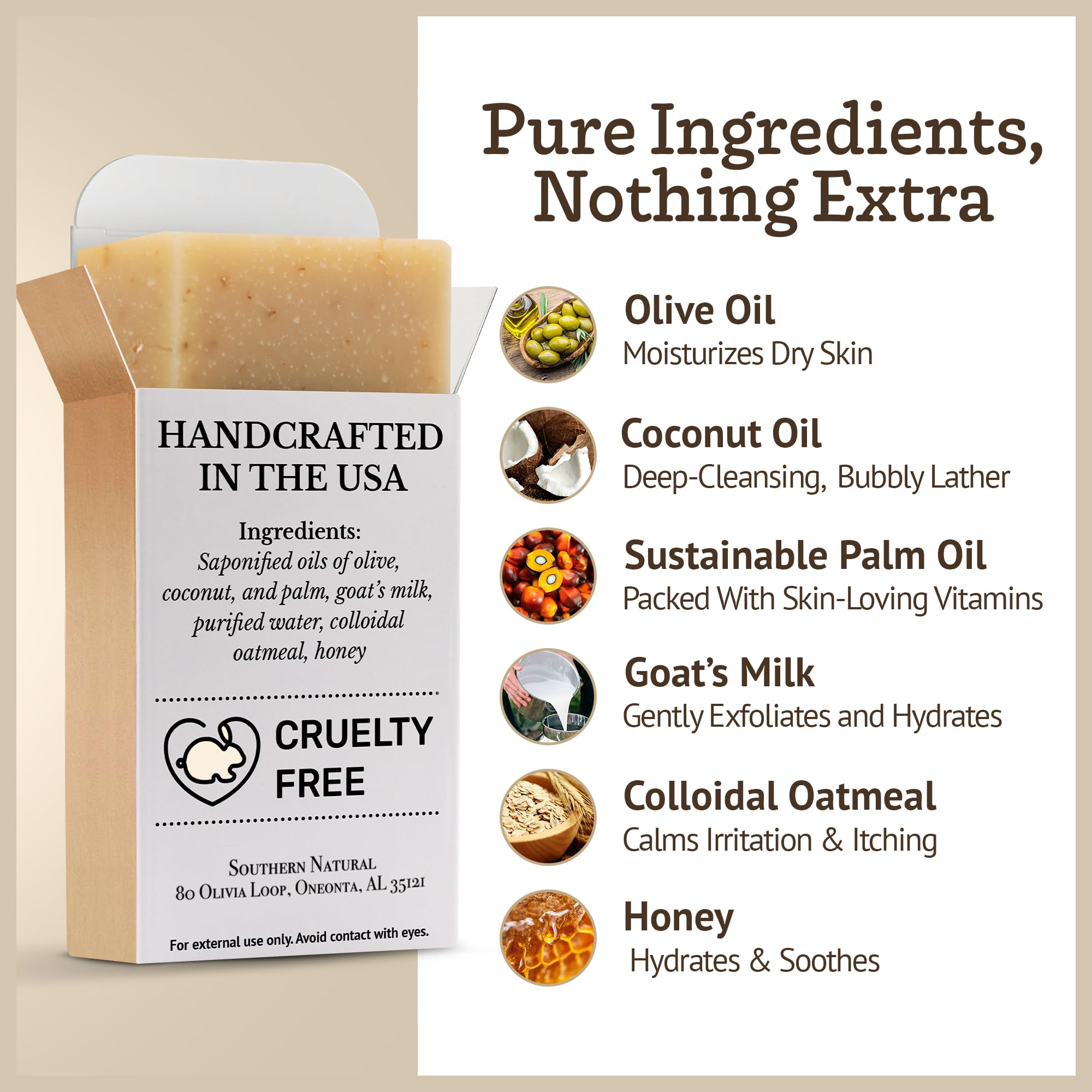 Packaging shows fragrance-free Southern Natural Oatmeal Soap Bar.