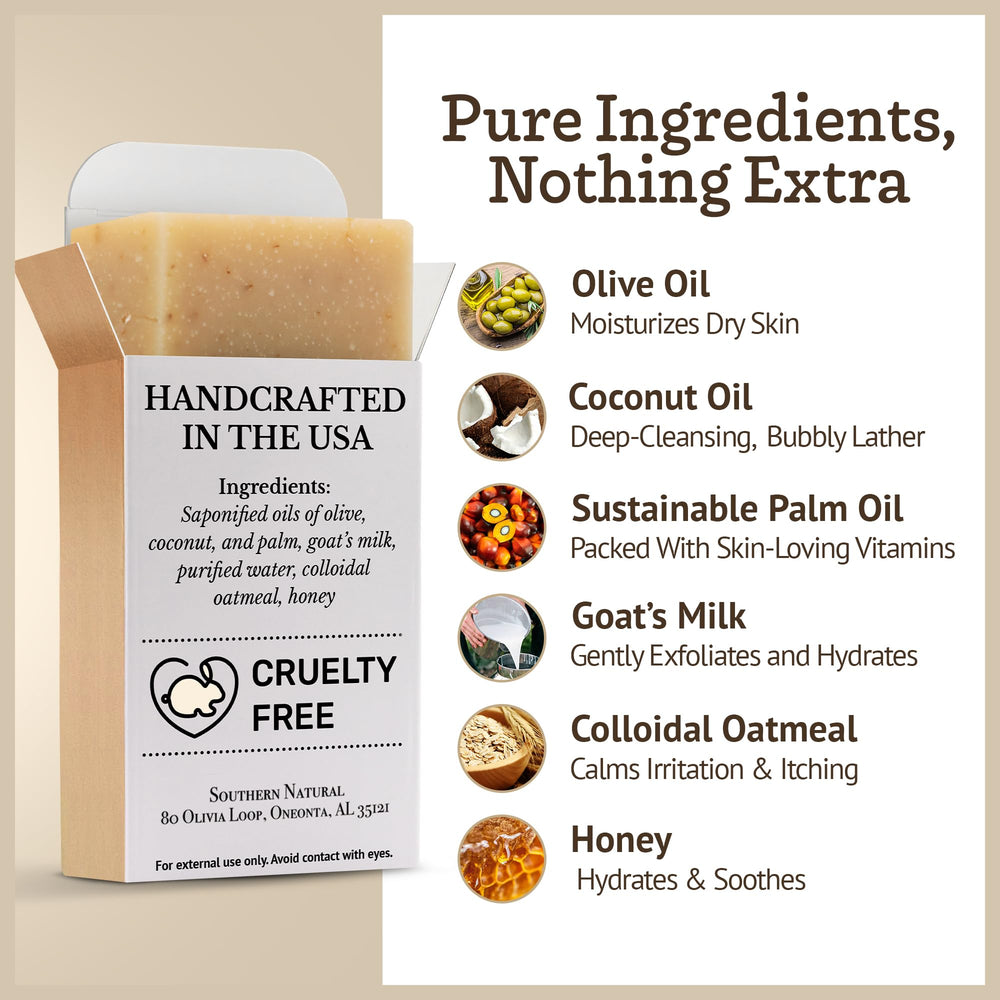 Packaging shows fragrance-free Southern Natural Oatmeal Soap Bar.