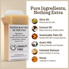 Packaging shows fragrance-free Southern Natural Oatmeal Soap Bar.