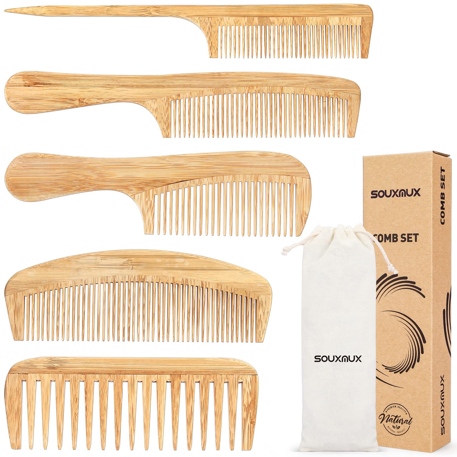SouxMux wide-tooth bamboo comb detangles knots gently for thick hair.
