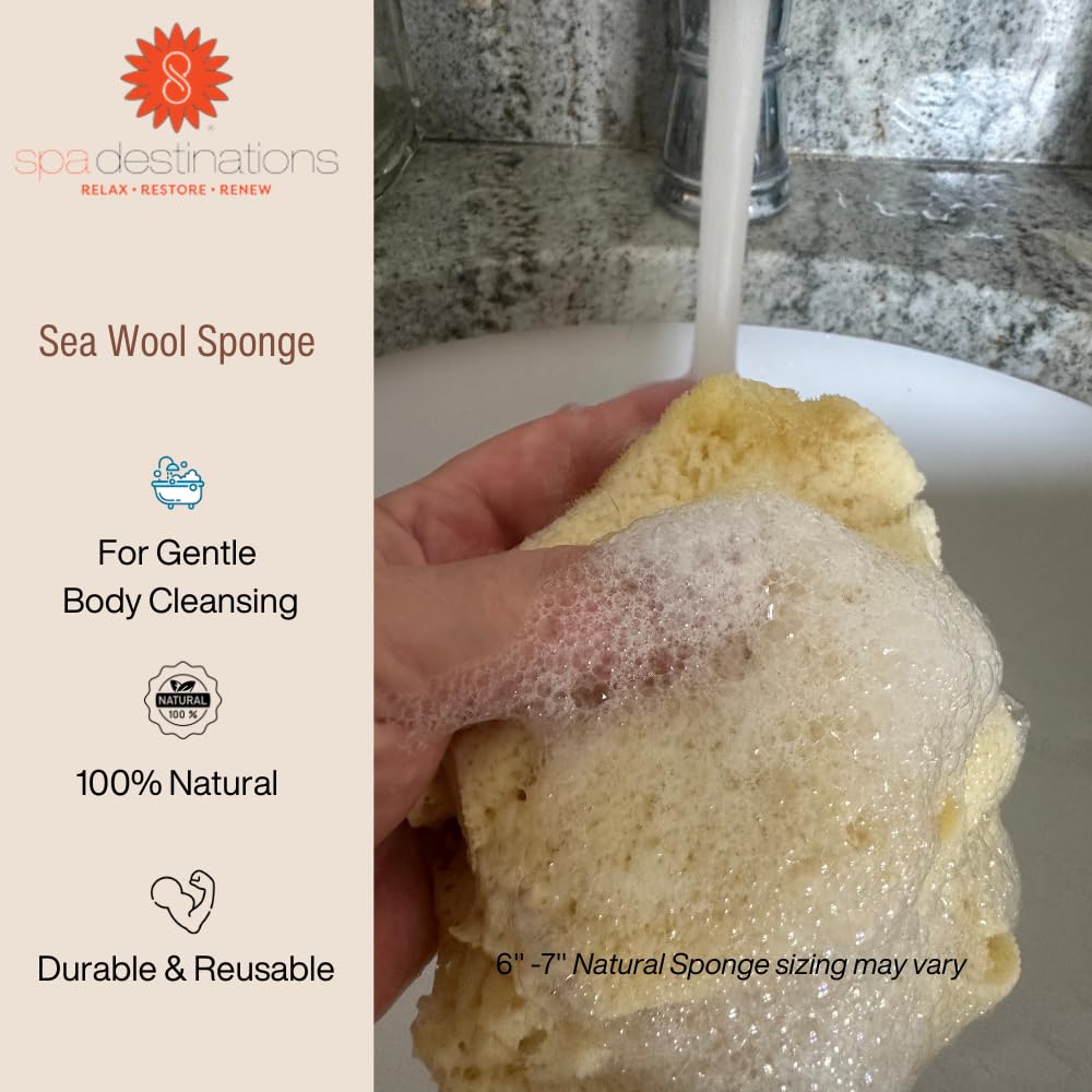 Spa Destinations sea wool sponge in bath setting for spa-like experience.