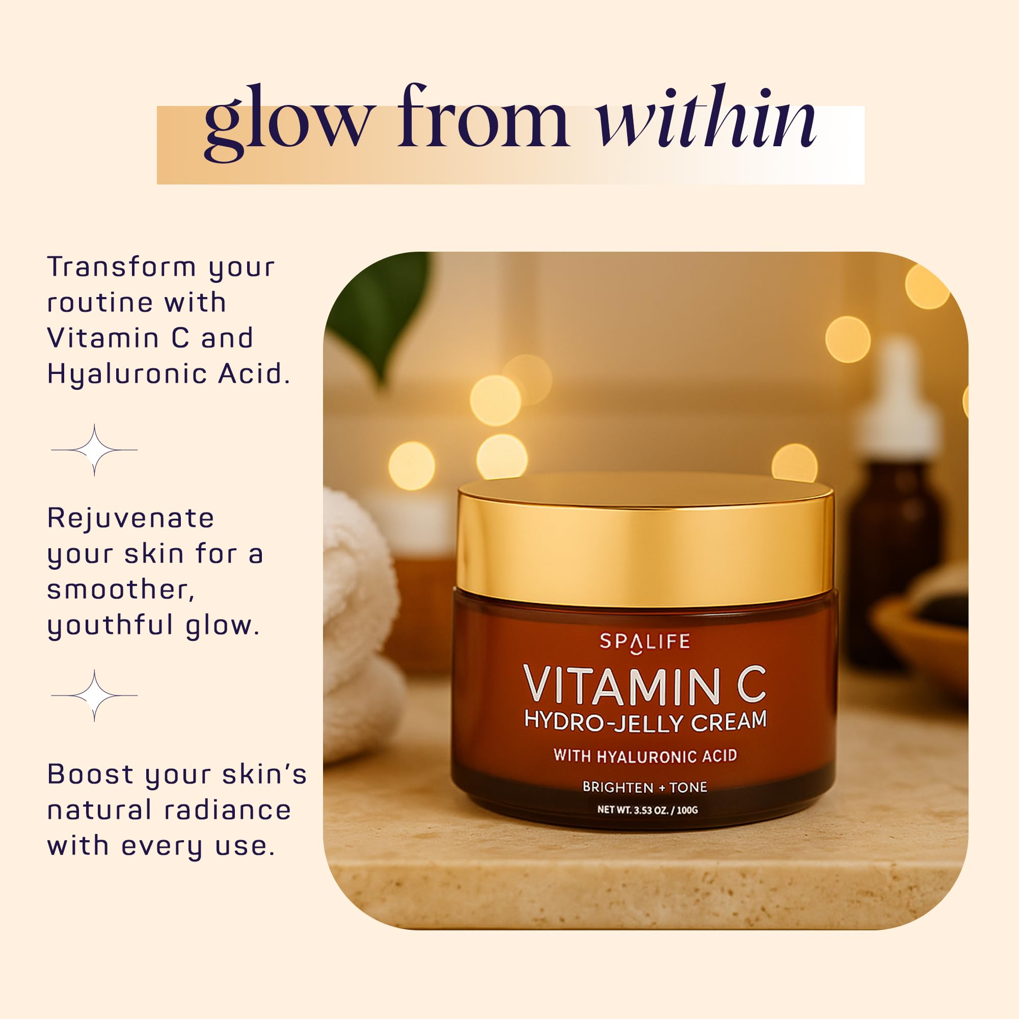 SpaLife Beauty Vitamin C Hydro ingredients bottle emphasizes vitamin C and hyaluronic acid synergy