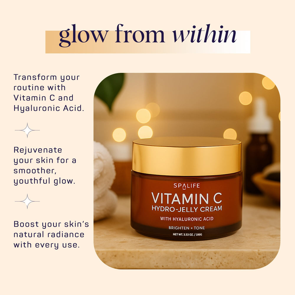 SpaLife Beauty Vitamin C Hydro ingredients bottle emphasizes vitamin C and hyaluronic acid synergy