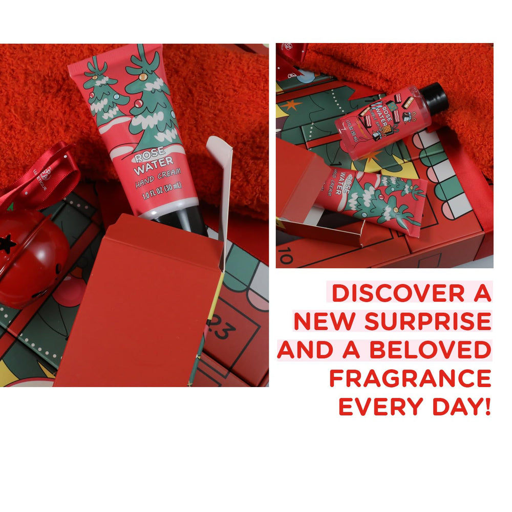 Spa Luxetique advent calendar body care assortment arranged to inspire daily self-care moments.