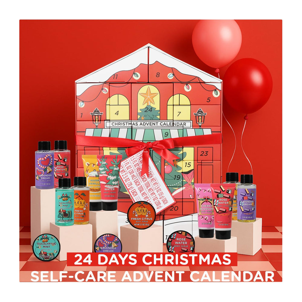 Spa Luxetique advent calendar gift set display featuring shower gels and body lotions for pampering.