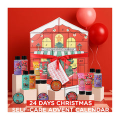 Spa Luxetique advent calendar gift set display featuring shower gels and body lotions for pampering.