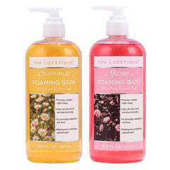 Spa Luxetique baño con burbujas rosa y manzanilla para relajación en casa.